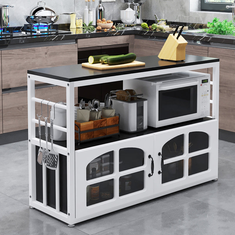 Black and White Kitchen Cart Metal and Wood Kitchen Island with Storage Cabinets