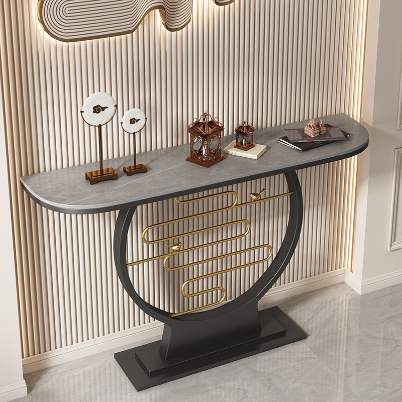 31.5" Tall Stone Console Accent Table Half Moon End Table with Shelf