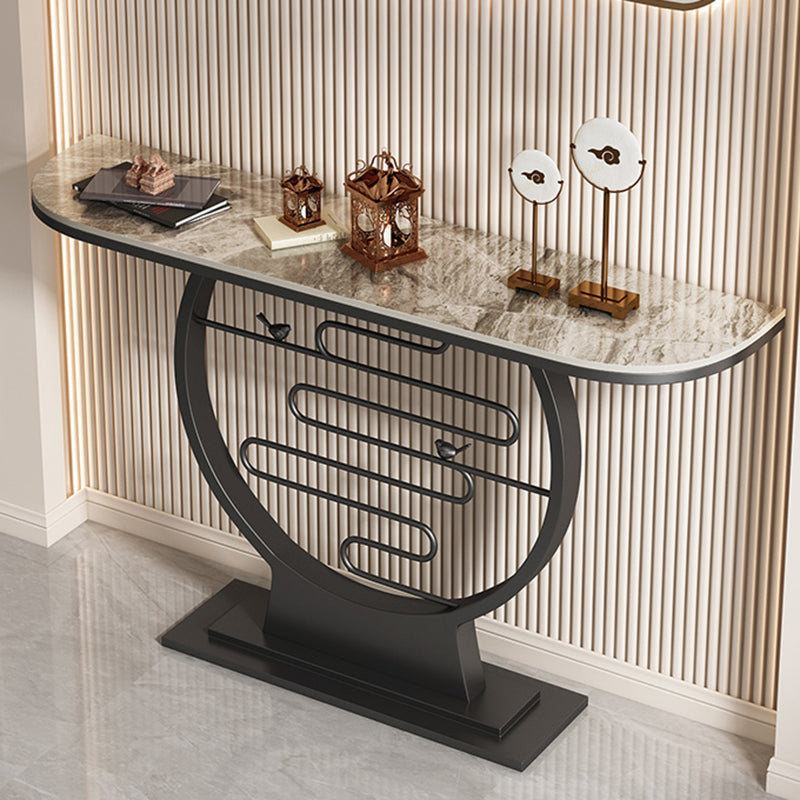 31.5" Tall Stone Console Accent Table Half Moon End Table with Shelf