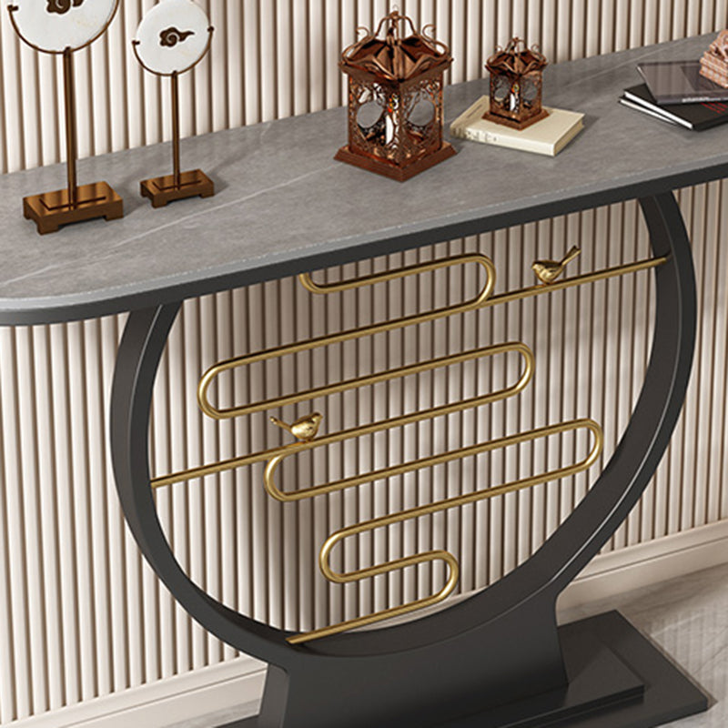 31.5" Tall Stone Console Accent Table Half Moon End Table with Shelf