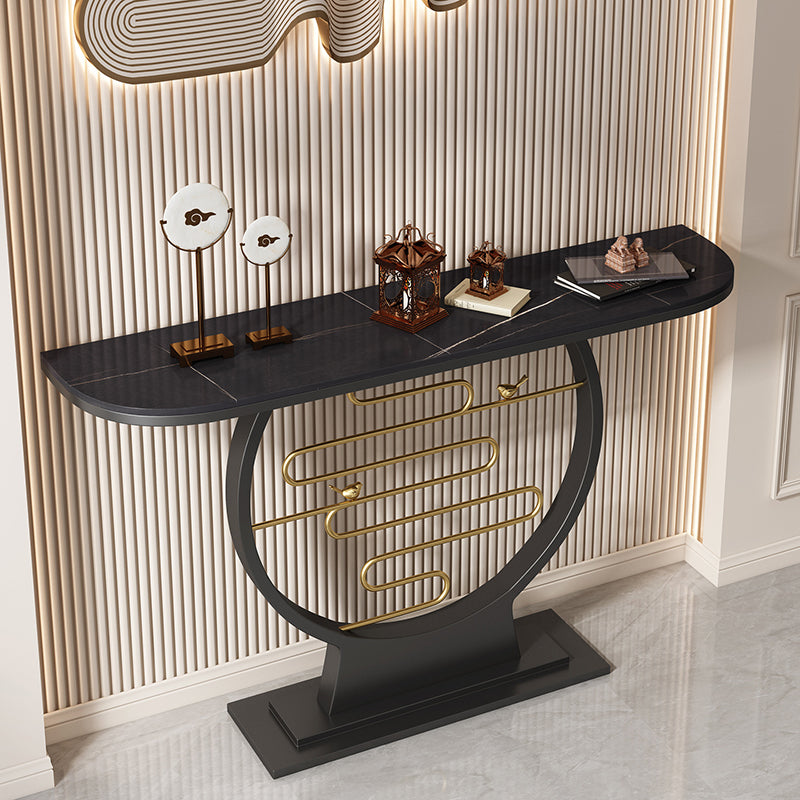 31.5" Tall Stone Console Accent Table Half Moon End Table with Shelf