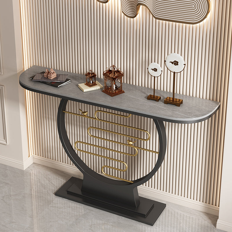 31.5" Tall Stone Console Accent Table Half Moon End Table with Shelf