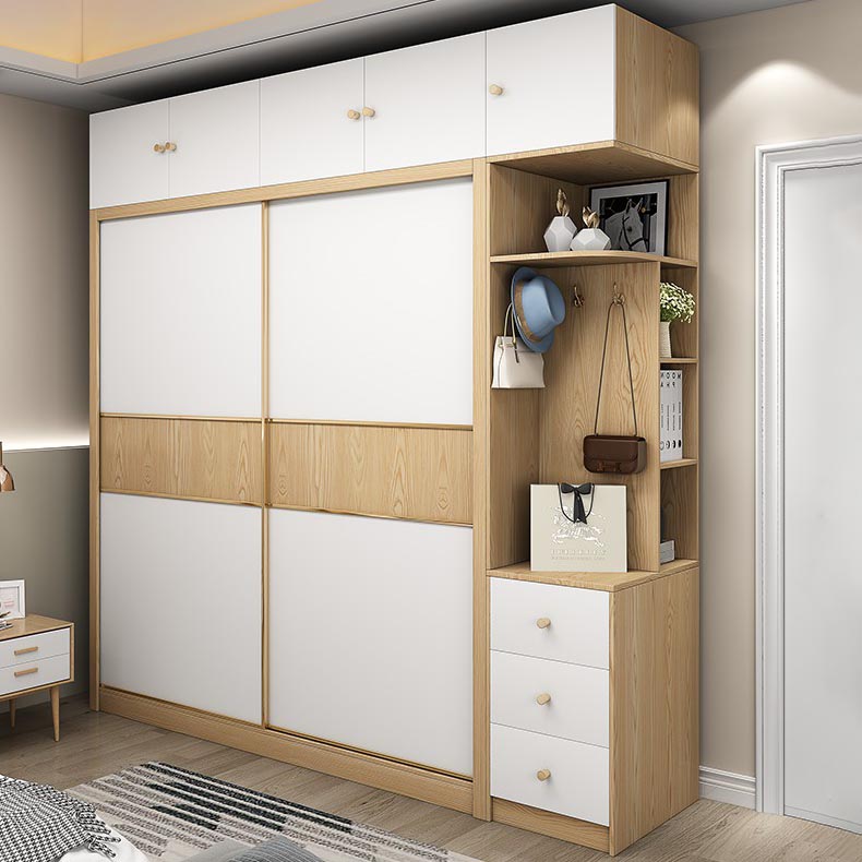 2 Door Clothes Rail Wardrobe Engineered Wood Industrial ArmoireLight Wood Finish