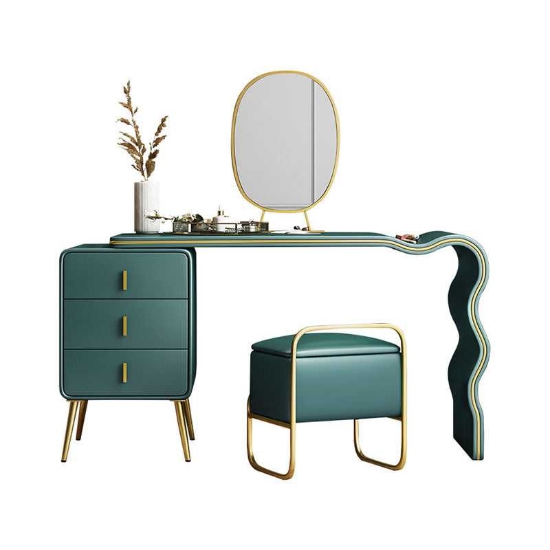 Green Make-up Vanity with 3 Storage Drawers 18.89" Wide Genuine Leather Dresser