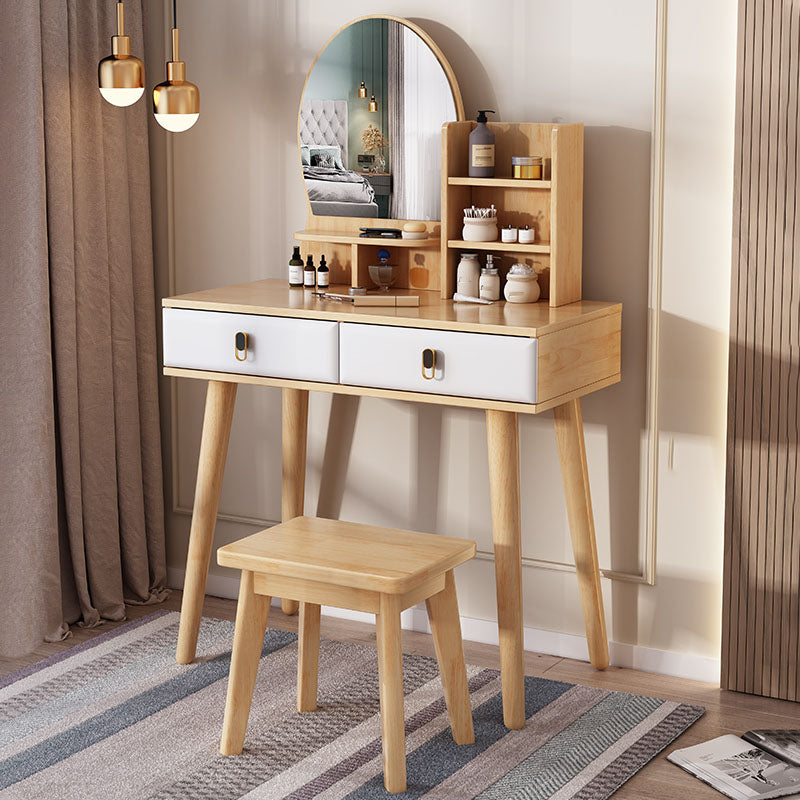Mirror Table Dressing Table Solid Wood Make-up Vanity with 2-Drawers