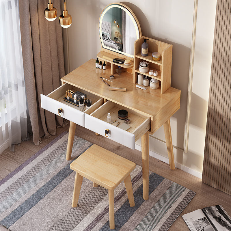 Mirror Table Dressing Table Solid Wood Make-up Vanity with 2-Drawers