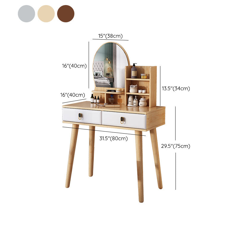 Mirror Table Dressing Table Solid Wood Make-up Vanity with 2-Drawers