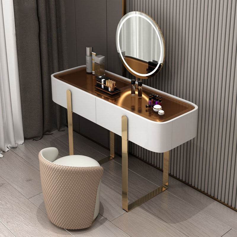 Glam Vanity Makeup Table Set Glass Top Dressing Table with Double Drawers