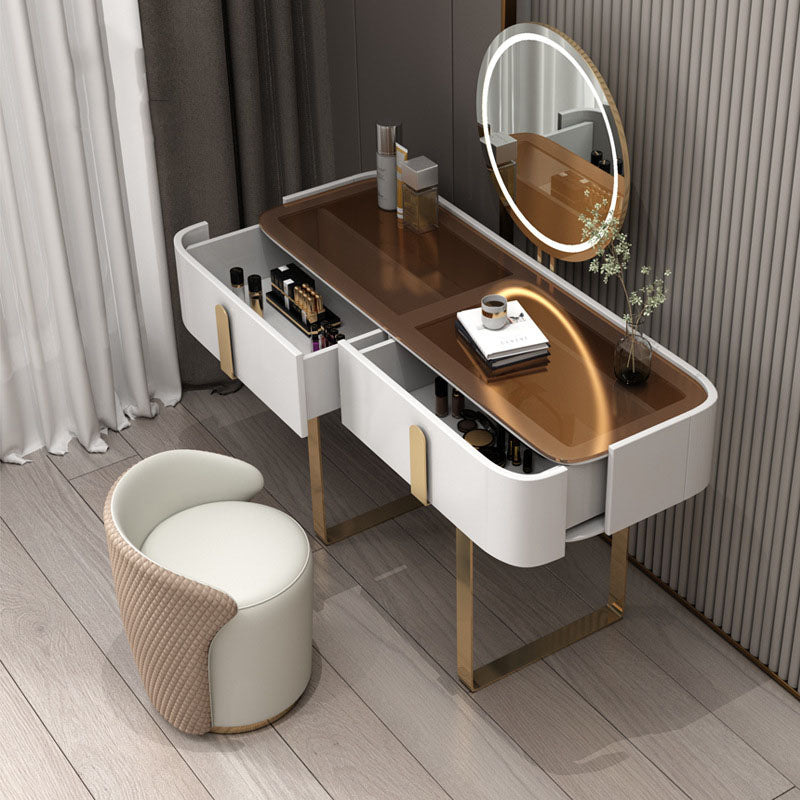 Glam Vanity Makeup Table Set Glass Top Dressing Table with Double Drawers