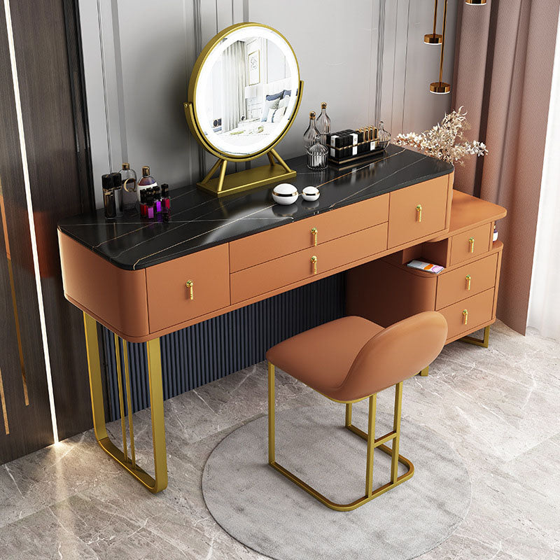 Pine Wood 7 Drawers Dresser with Stone Top Make-up Vanity for Bedroon