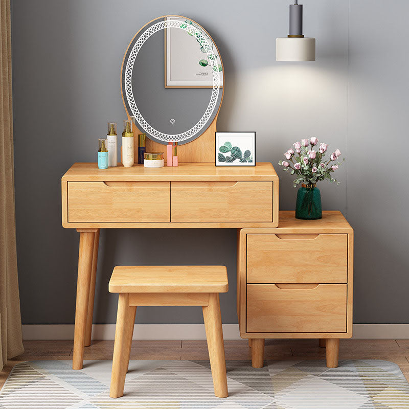 Scandinavian Rubberwood Vanity Table with Stool and 4 Drawers