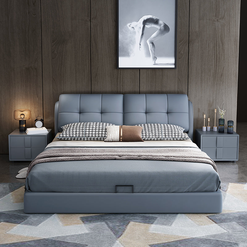 Contemporary Faux Leather Standard Bed, Blue Upholstered Headboard Bed