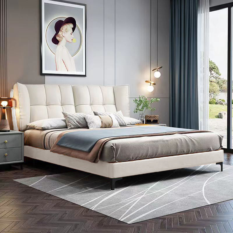 Modern Standard Bed Pine Wood Bed with Upholstered Headboard