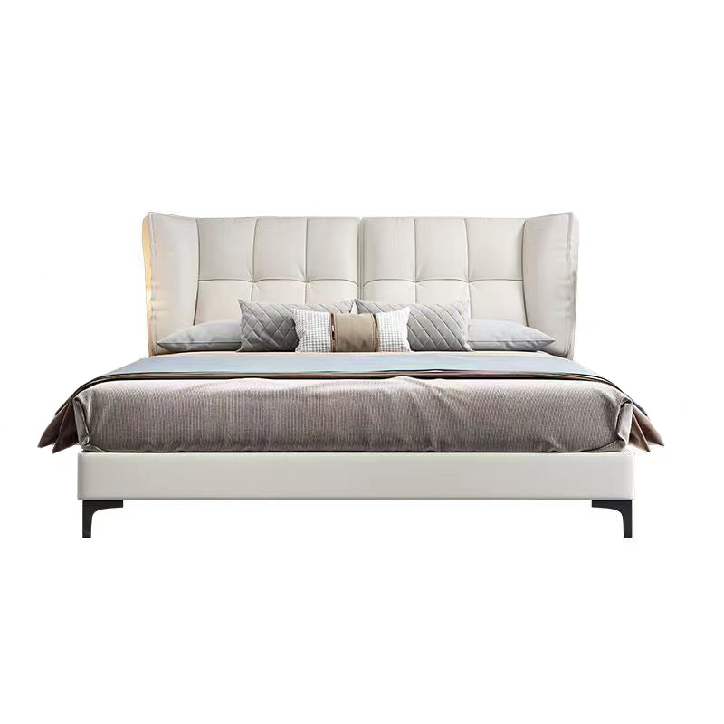 Modern Standard Bed Pine Wood Bed with Upholstered Headboard