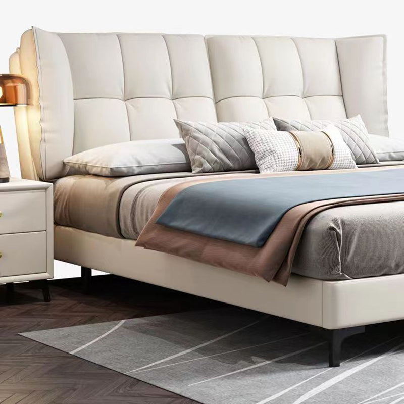 Modern Standard Bed Pine Wood Bed with Upholstered Headboard