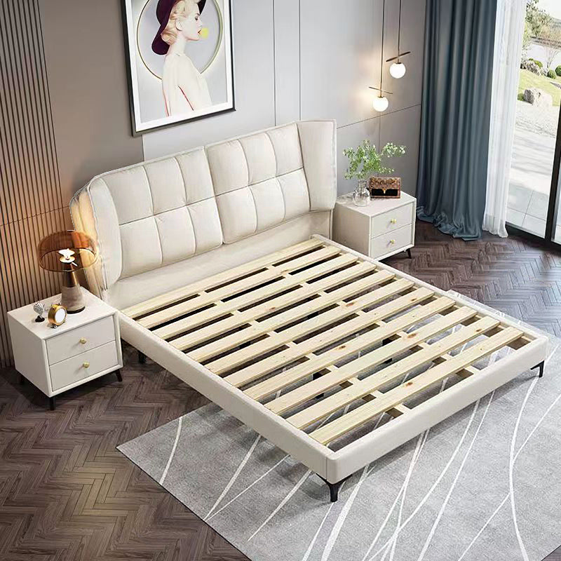 Modern Standard Bed Pine Wood Bed with Upholstered Headboard