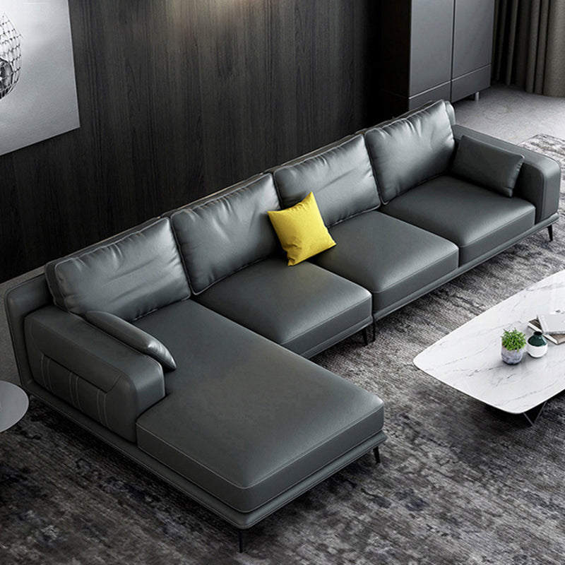 Stationary Genuine Leather Living Room Recessed Arm Pillows Sofa