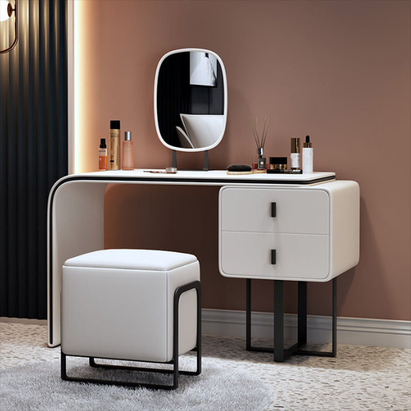 2-Drawer Vanity Set Genuine Leather & Metal Makeup Dressing Table with Mirror and Stool