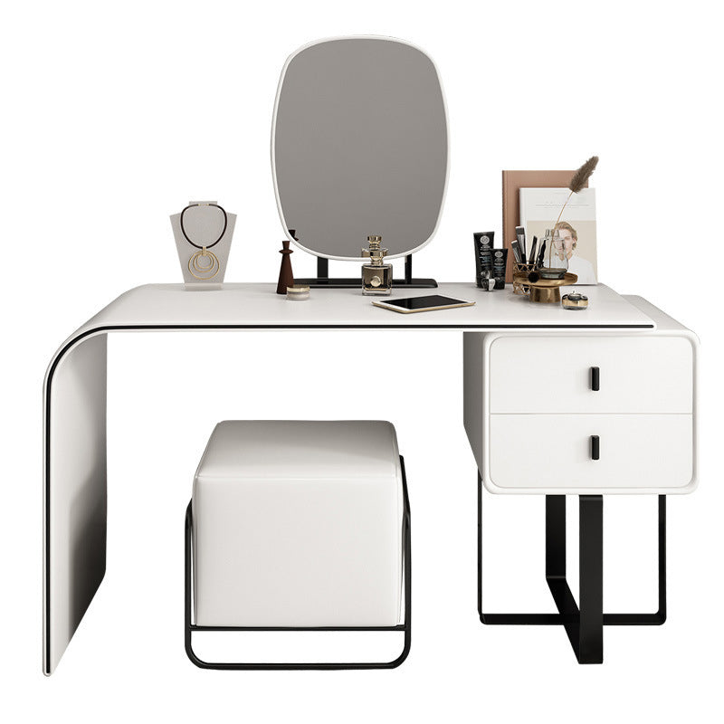 2-Drawer Vanity Set Genuine Leather & Metal Makeup Dressing Table with Mirror and Stool