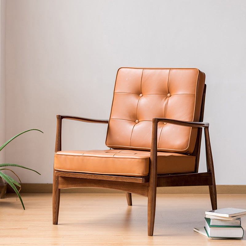 Tufted Cushions Chair Faux Leather Square Arm Chair with Brone 4 Legs