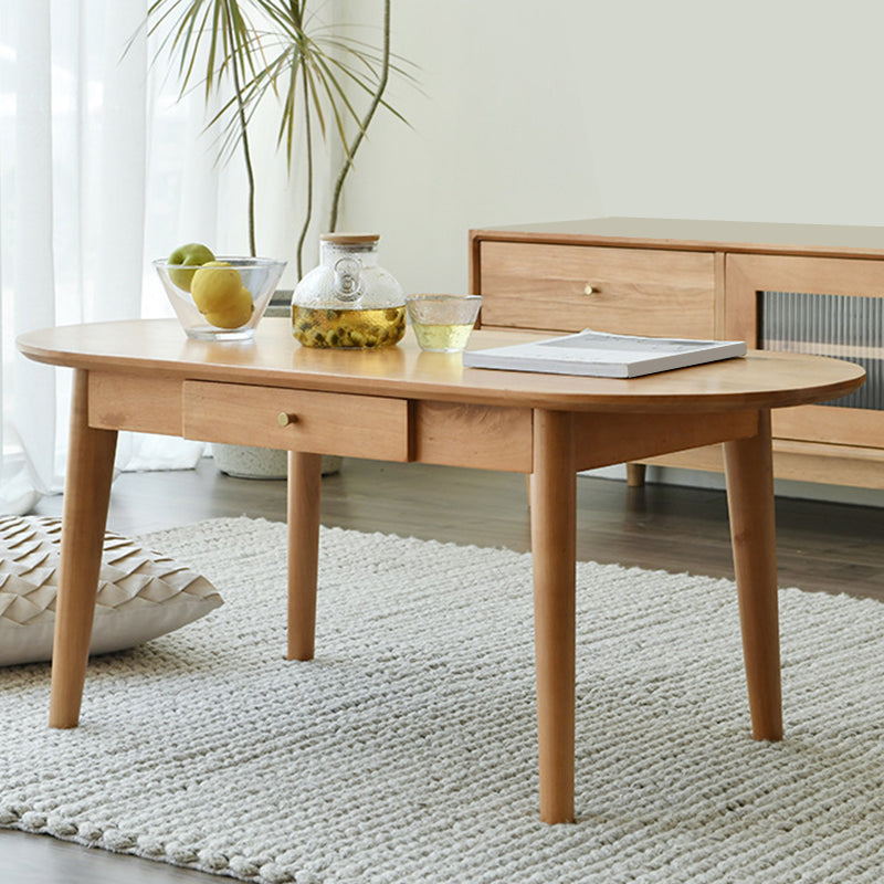 Nordic Solid Wood Cocktail Table with 1 Drawer Oval Coffee Table