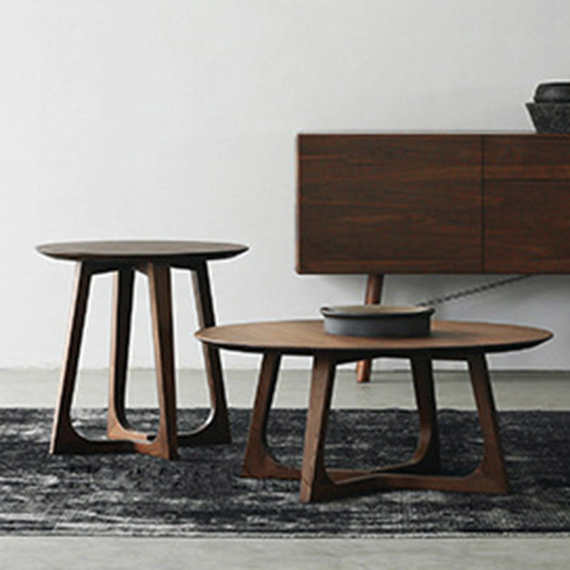 Solid Wood Round Coffee Table in Brown Scandinavian 2 Pieces Cocktail Table Set