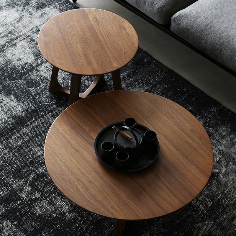 Solid Wood Round Coffee Table in Brown Scandinavian 2 Pieces Cocktail Table Set