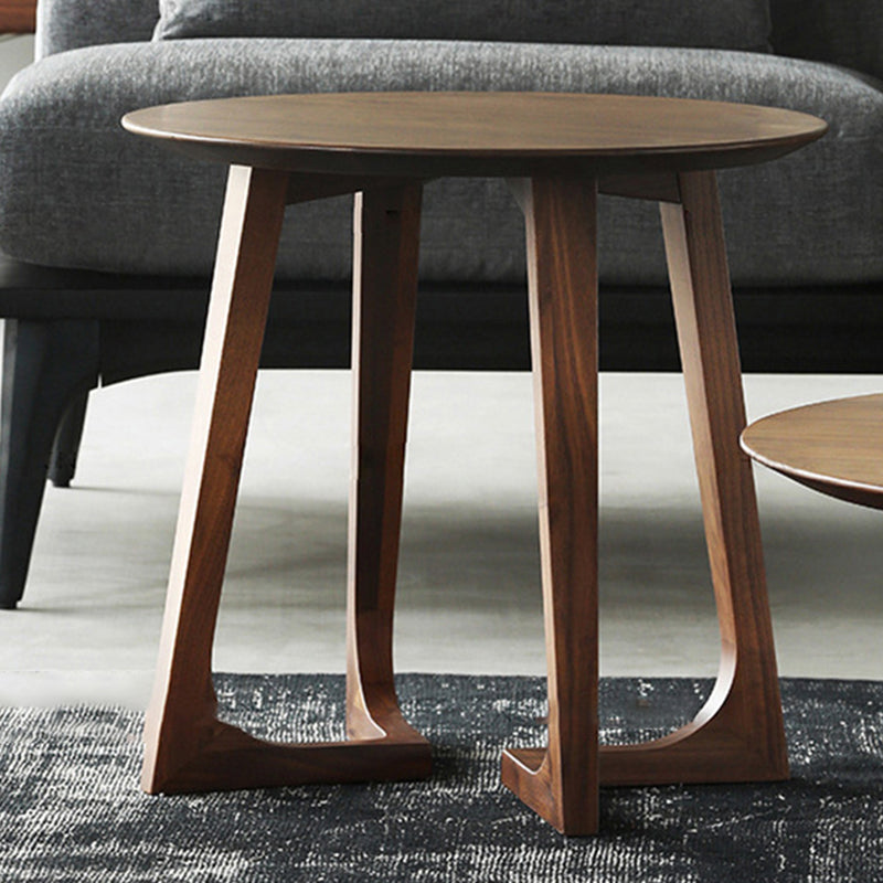 Solid Wood Round Coffee Table in Brown Scandinavian 2 Pieces Cocktail Table Set