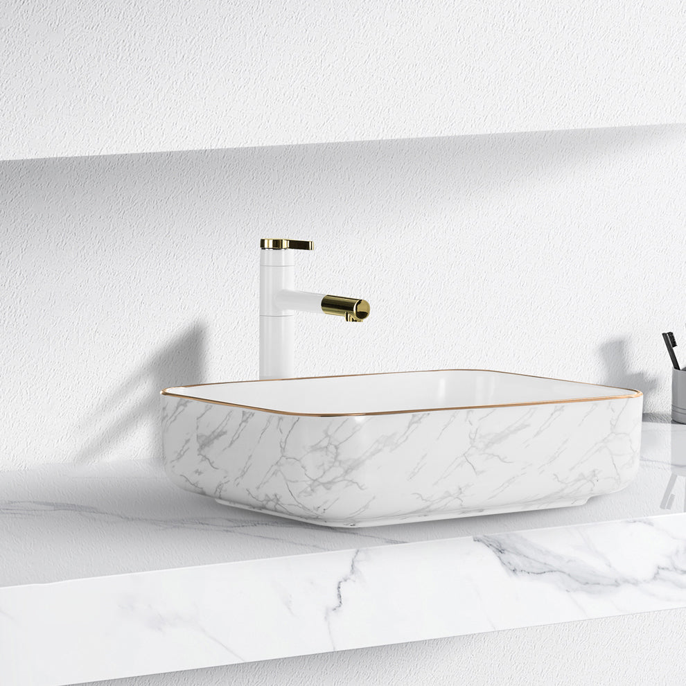 Contemporary Bathroom Sink Pop-Up Drain Porcelain Solid Color Rectangular Vessel