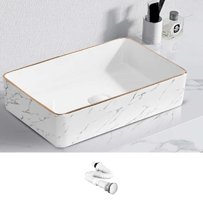 Contemporary Bathroom Sink Pop-Up Drain Porcelain Solid Color Rectangular Vessel