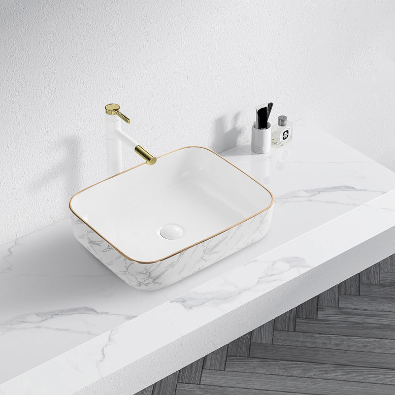 Contemporary Bathroom Sink Pop-Up Drain Porcelain Solid Color Rectangular Vessel