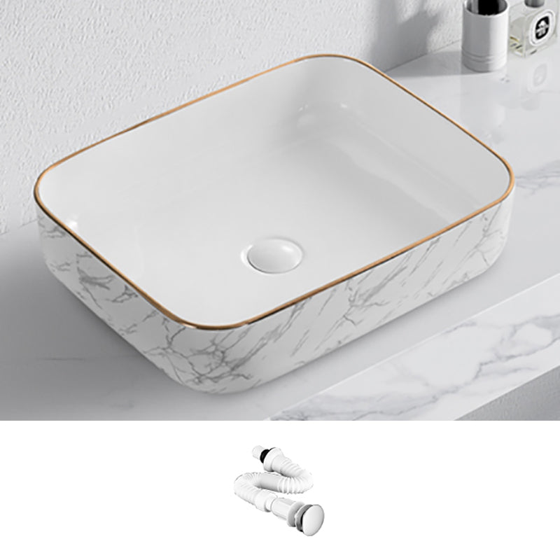 Contemporary Bathroom Sink Pop-Up Drain Porcelain Solid Color Rectangular Vessel