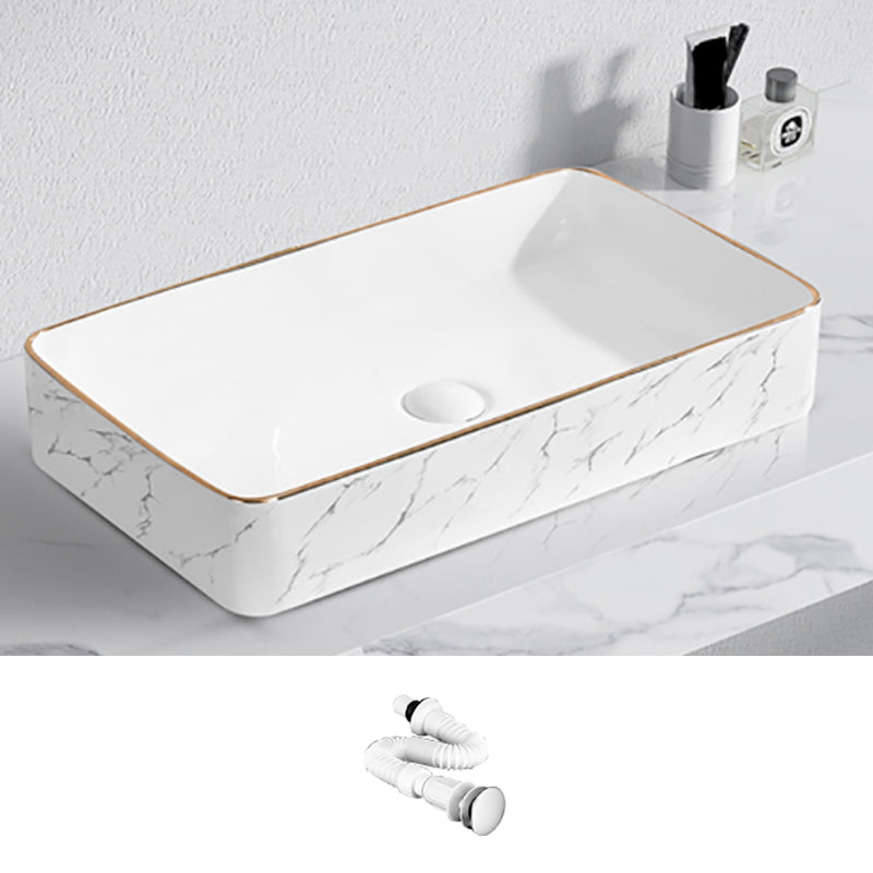 Contemporary Bathroom Sink Pop-Up Drain Porcelain Solid Color Rectangular Vessel