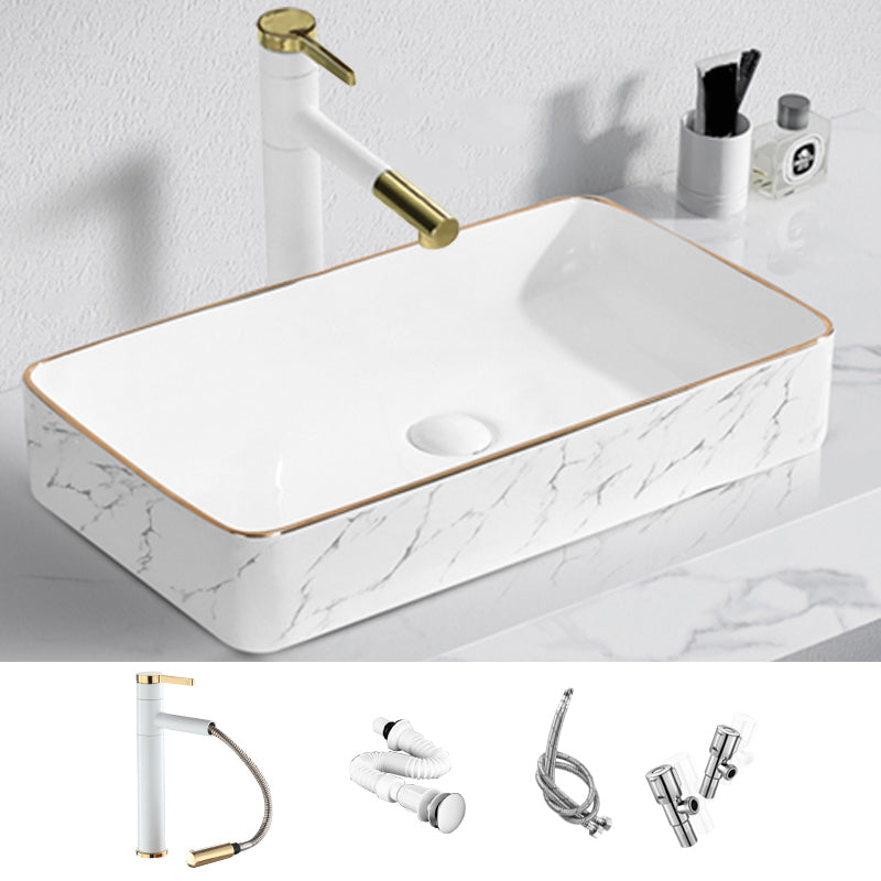 Contemporary Bathroom Sink Pop-Up Drain Porcelain Solid Color Rectangular Vessel