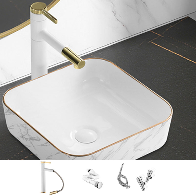 Contemporary Bathroom Sink Pop-Up Drain Porcelain Rectangular Vessel Bathroom Sink