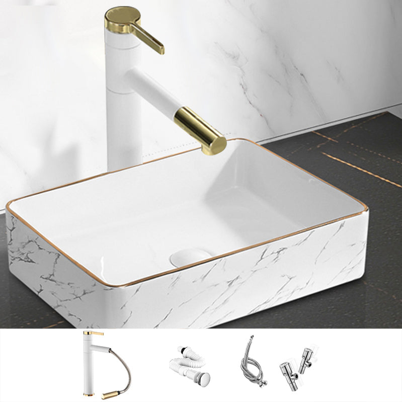 Contemporary Bathroom Sink Pop-Up Drain Porcelain Rectangular Vessel Bathroom Sink