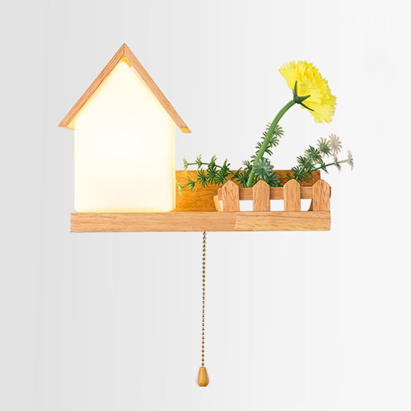 Modern Style House Shape Wall Light Wood 1 Light Sconces for Bedroom without Plant