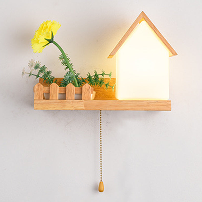 Modern Style House Shape Wall Light Wood 1 Light Sconces for Bedroom without Plant