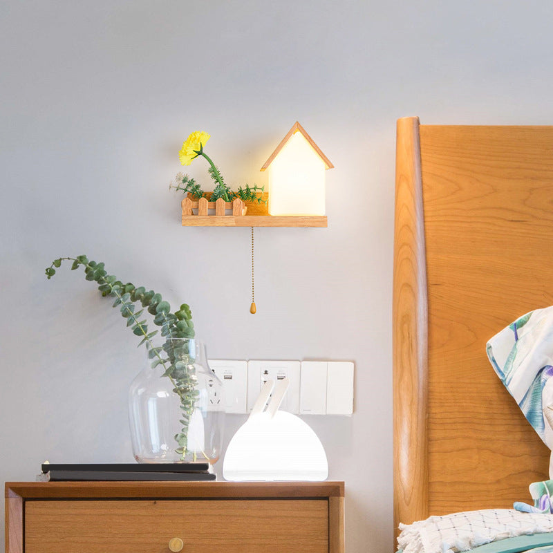 Modern Style House Shape Wall Light Wood 1 Light Sconces for Bedroom without Plant