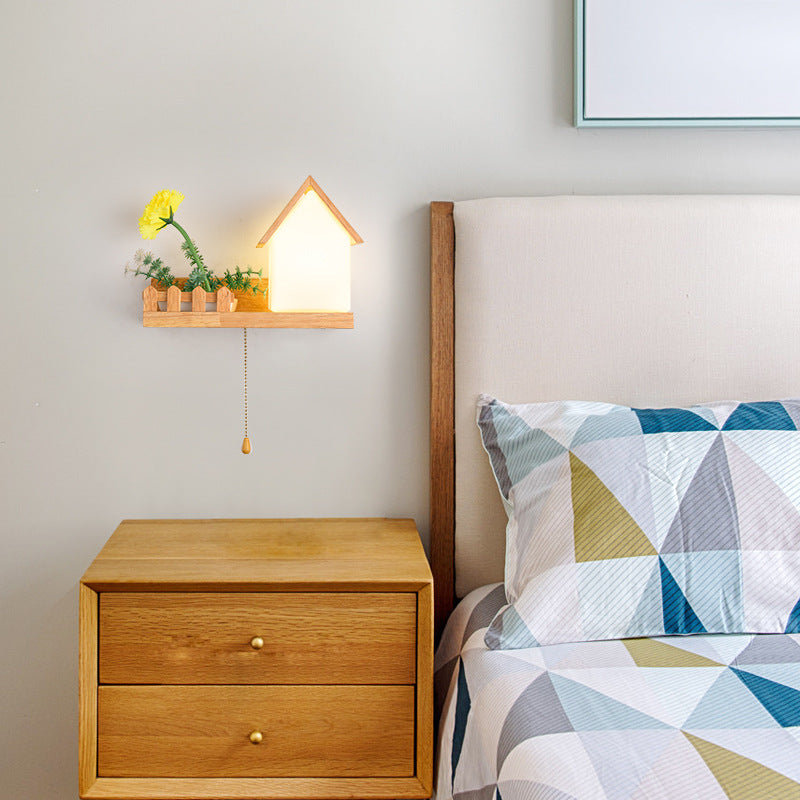 Modern Style House Shape Wall Light Wood 1 Light Sconces for Bedroom without Plant