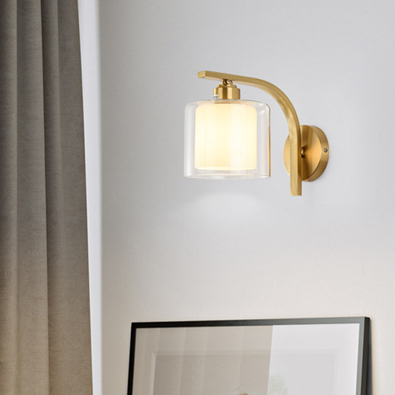 Modern Style Cylinder Shape Wall Light Glass 1 Light Sconces in Gold for Bedroom