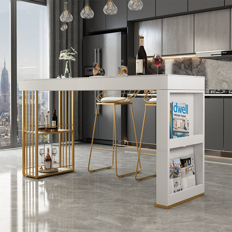 Rectangle Gold Marble and Wood Bar Living Room Pub Table with Double Pedestal