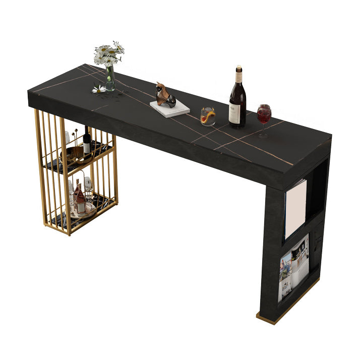 Rectangle Gold Marble and Wood Bar Living Room Pub Table with Double Pedestal