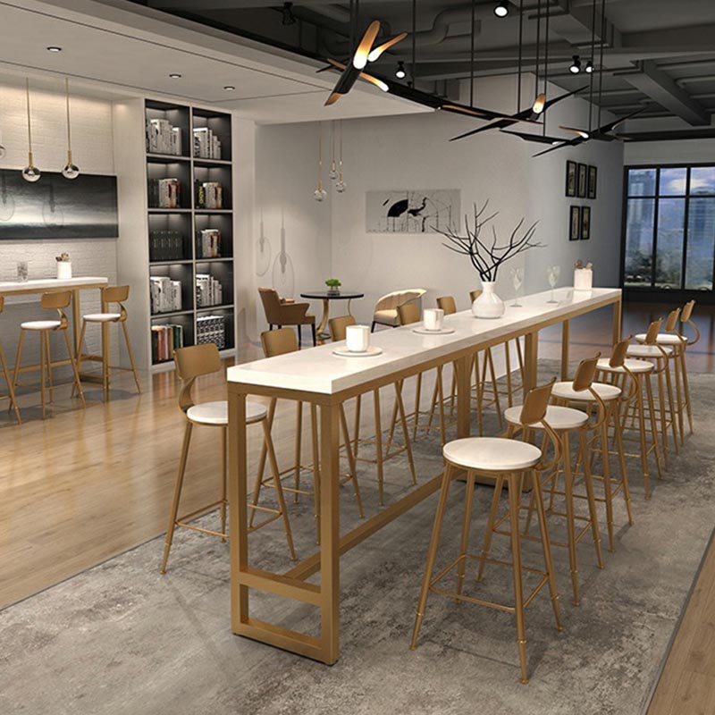 Gold and Metal Base Table White Rectangle Solid Wood Bar Table