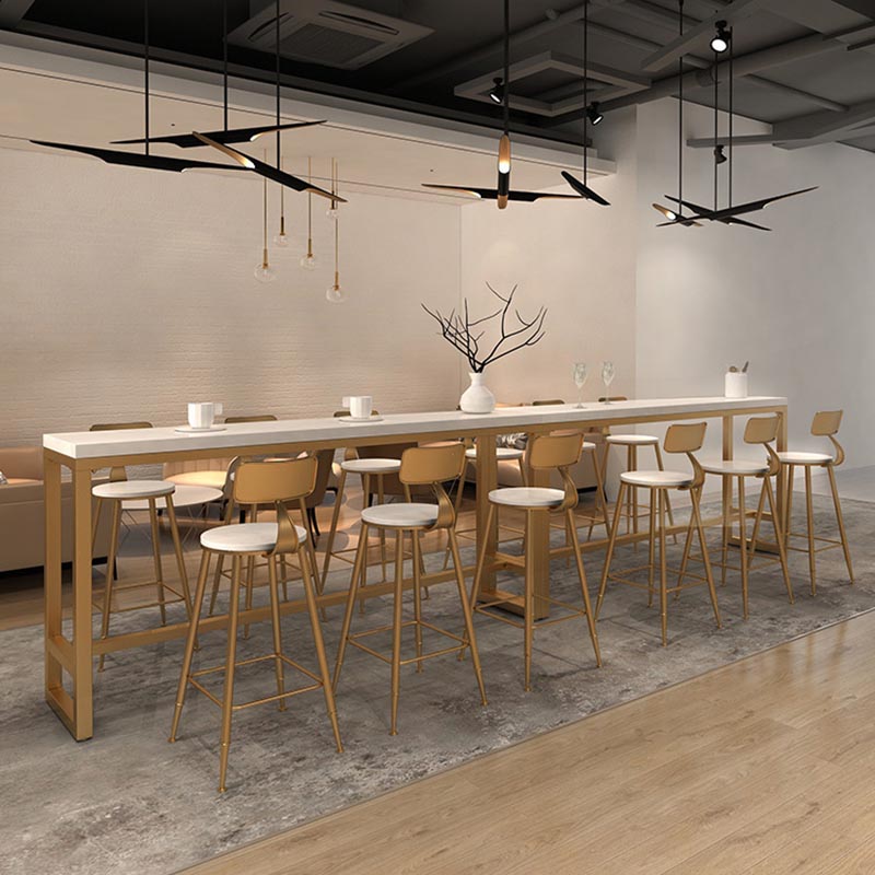 Gold and Metal Base Table White Rectangle Solid Wood Bar Table