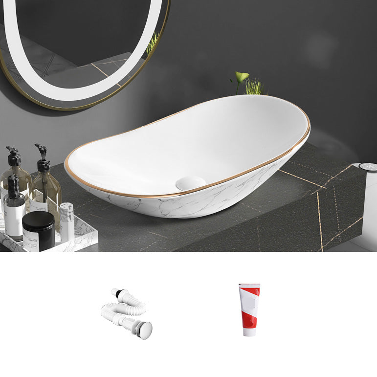 Contemporary Bathroom Sink Pop-Up Drain Porcelain Oval-Shape Vessel Bathroom Sink