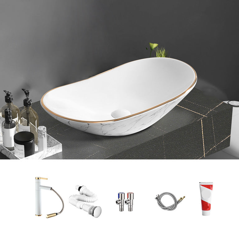 Contemporary Bathroom Sink Pop-Up Drain Porcelain Oval-Shape Vessel Bathroom Sink