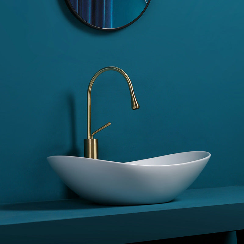 Contemporary Bathroom Sink Pop-Up Drain Porcelain Solid Color Oval-Shape Vessel Sink