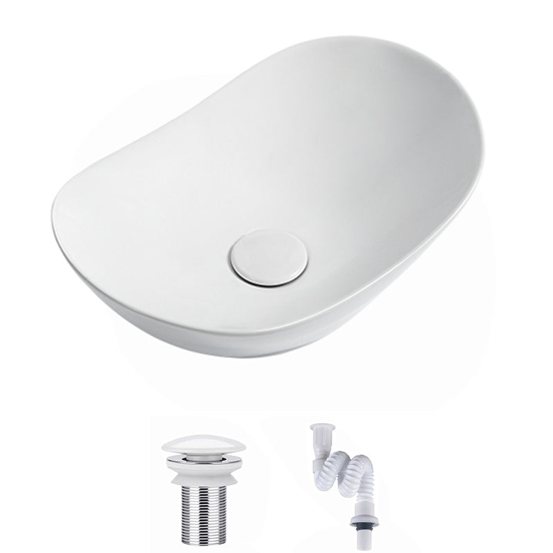 Contemporary Bathroom Sink Pop-Up Drain Porcelain Solid Color Oval-Shape Vessel Sink