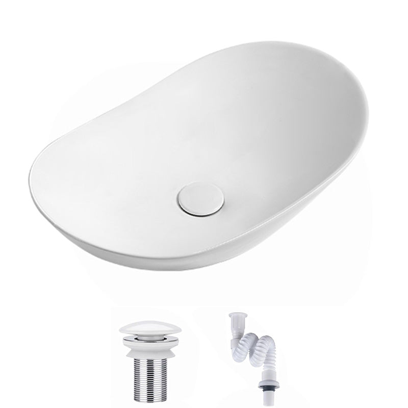 Contemporary Bathroom Sink Pop-Up Drain Porcelain Solid Color Oval-Shape Vessel Sink